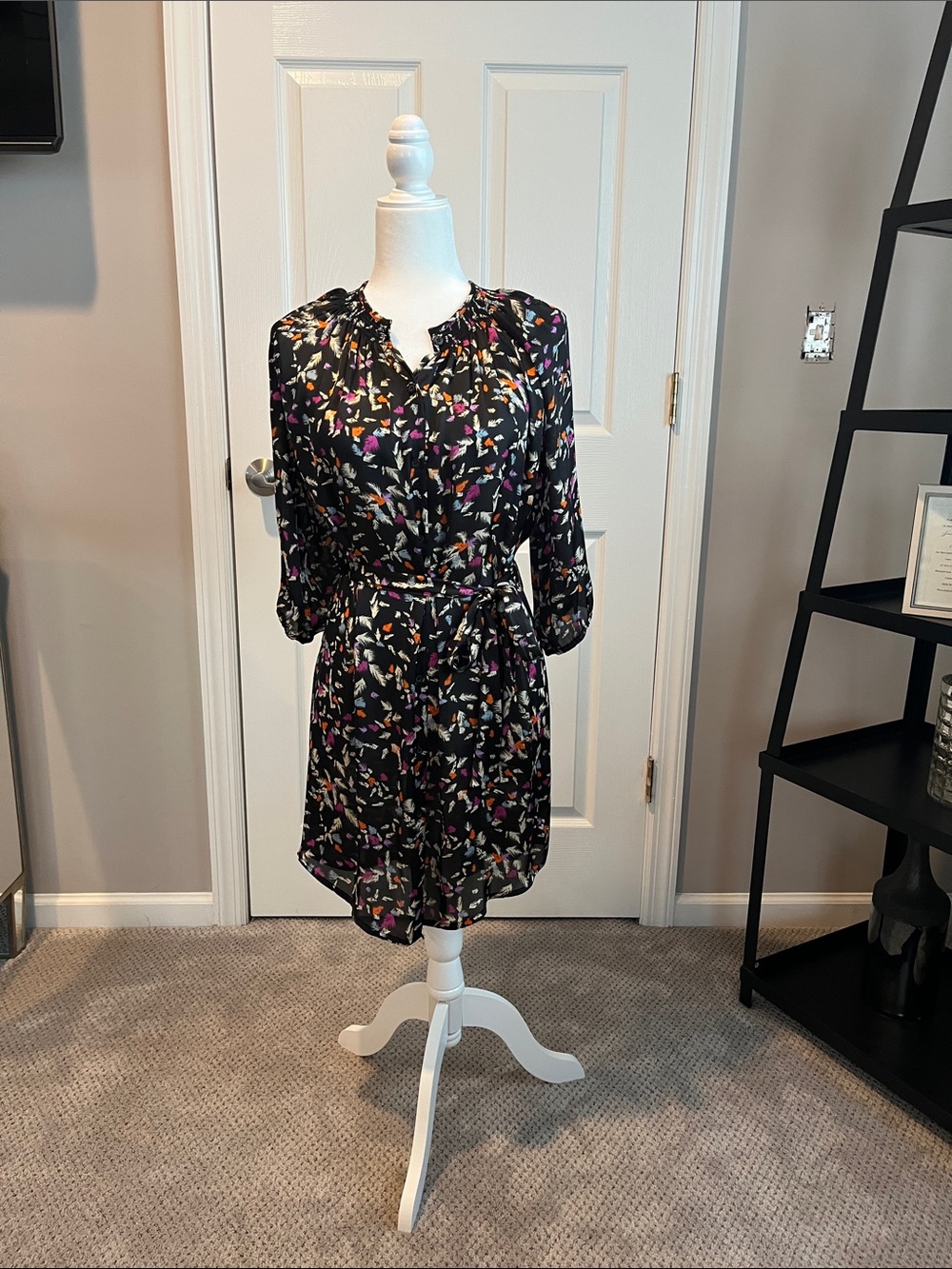 Black Floral Tie-Waist Mini Dress with Multicolor Print